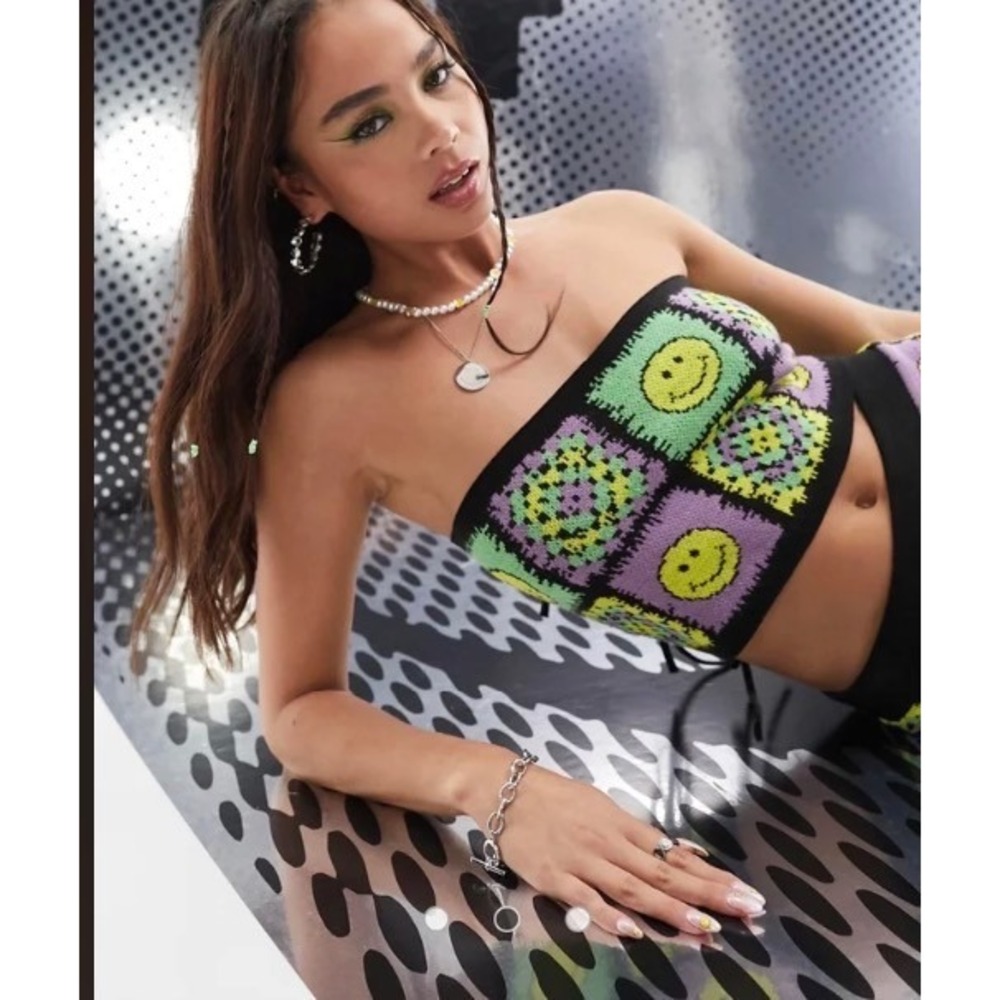 ASOS DESIGN x Smiley World Crochet Knit Tube Top Patchwork Bandeau NWT US 2